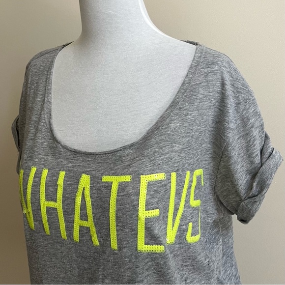 PINK Victoria’s Secret~T-Shirt~Size M~Graphic #WHATEVS~Grey/Yellow - Picture 6 of 9